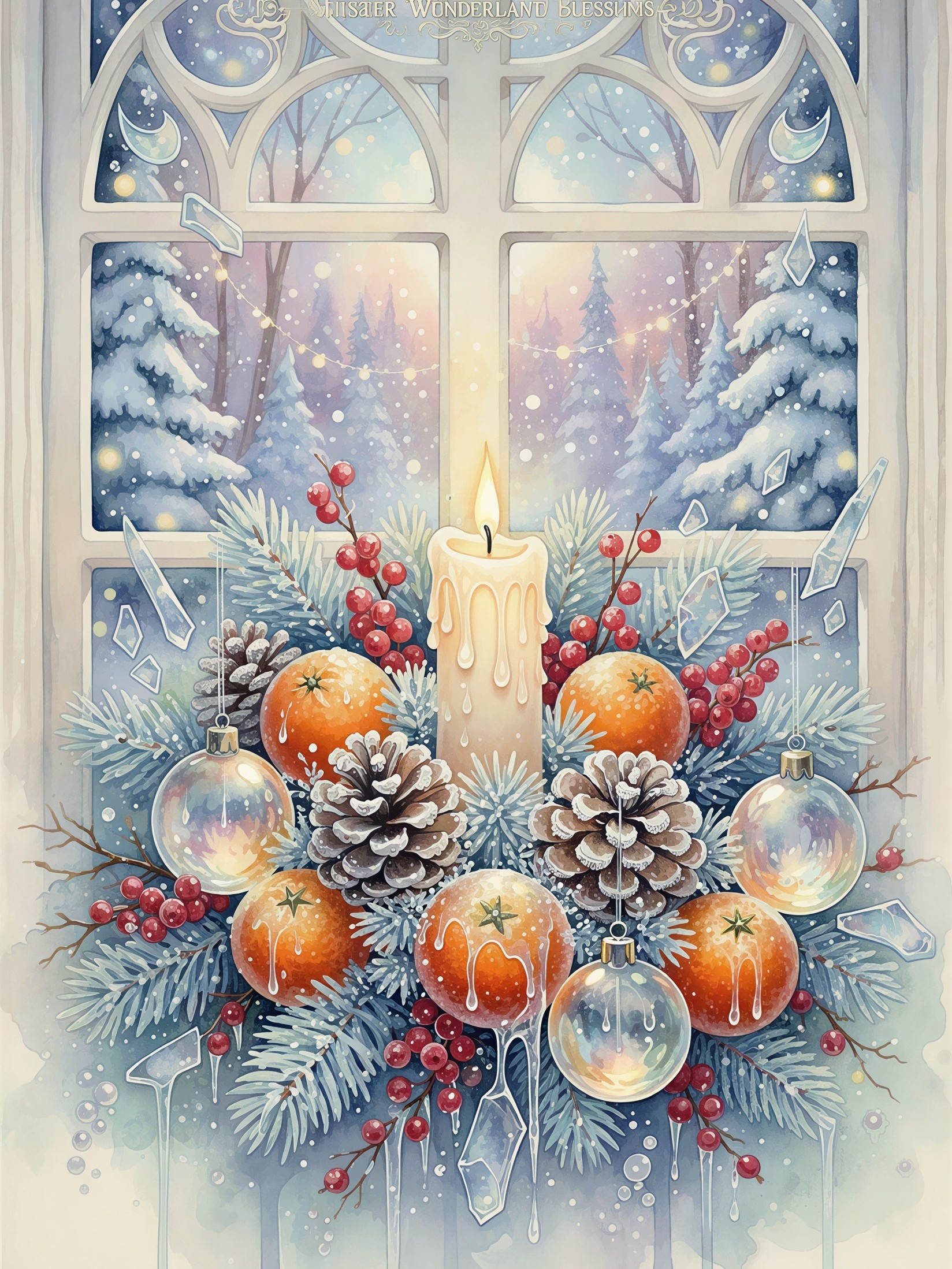 Candlelit Christmas Window with Winter Landscape Decor