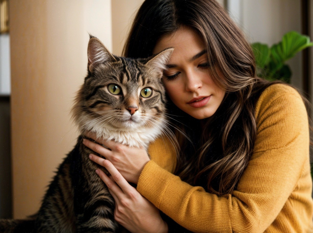 Young woman in amber sweater with tabby cat