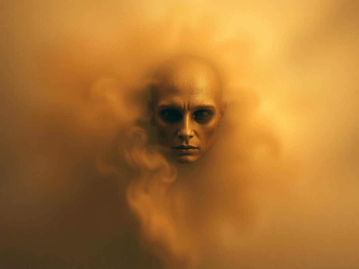 Surreal Scene of a Face in Golden Mist