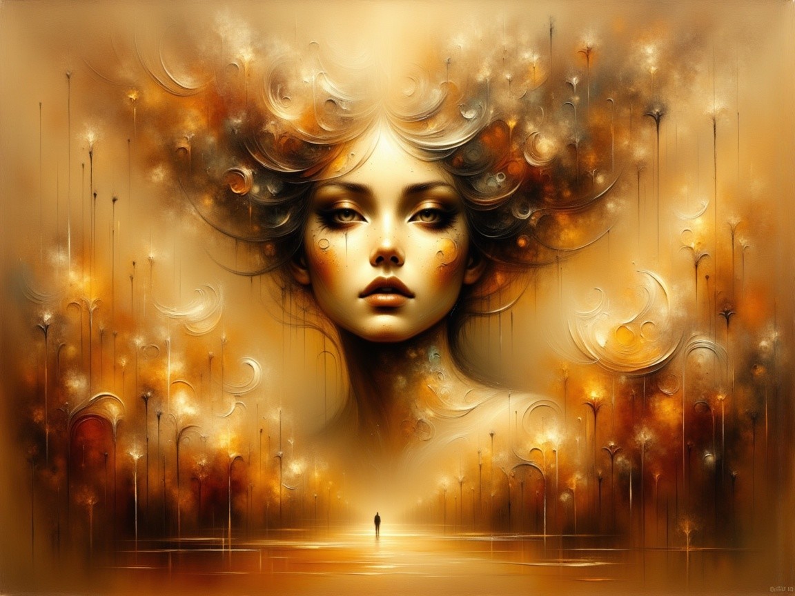 Ethereal Woman with Flowing Hair in Golden Hues