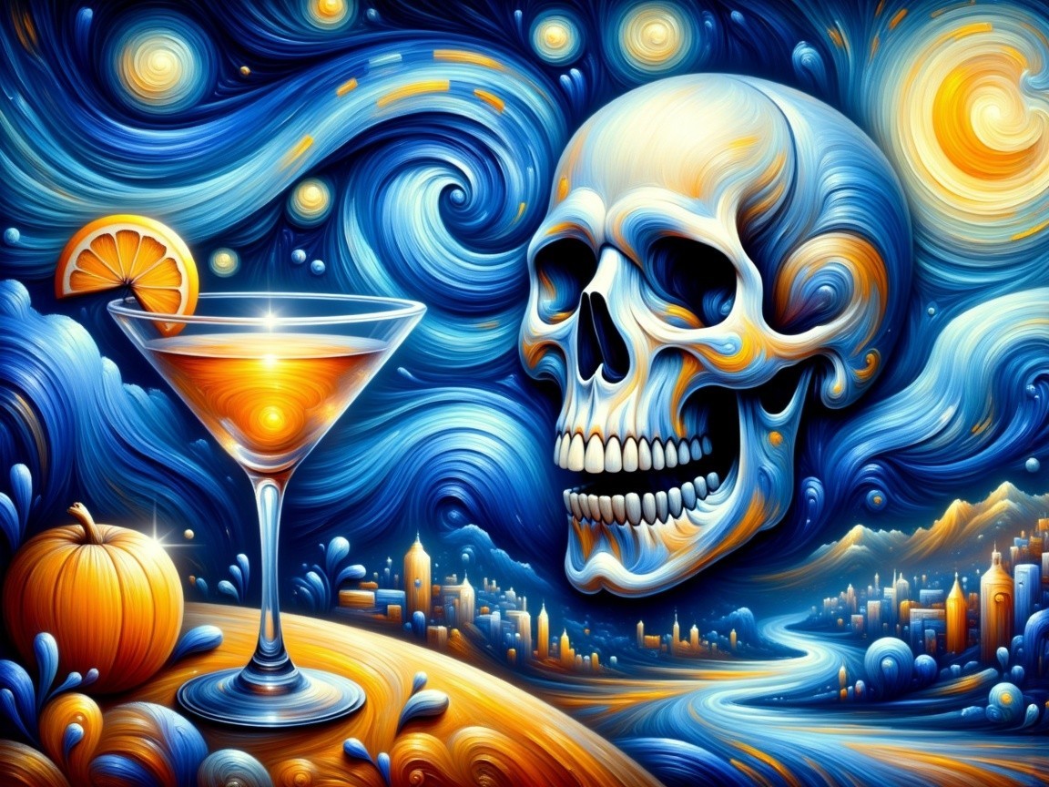 Stylized Skull and Martini Glass with City Skyline