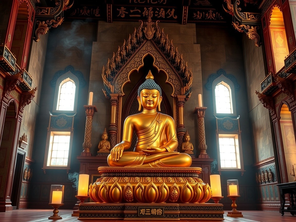 Golden Buddha Statue in Serene Temple Setting