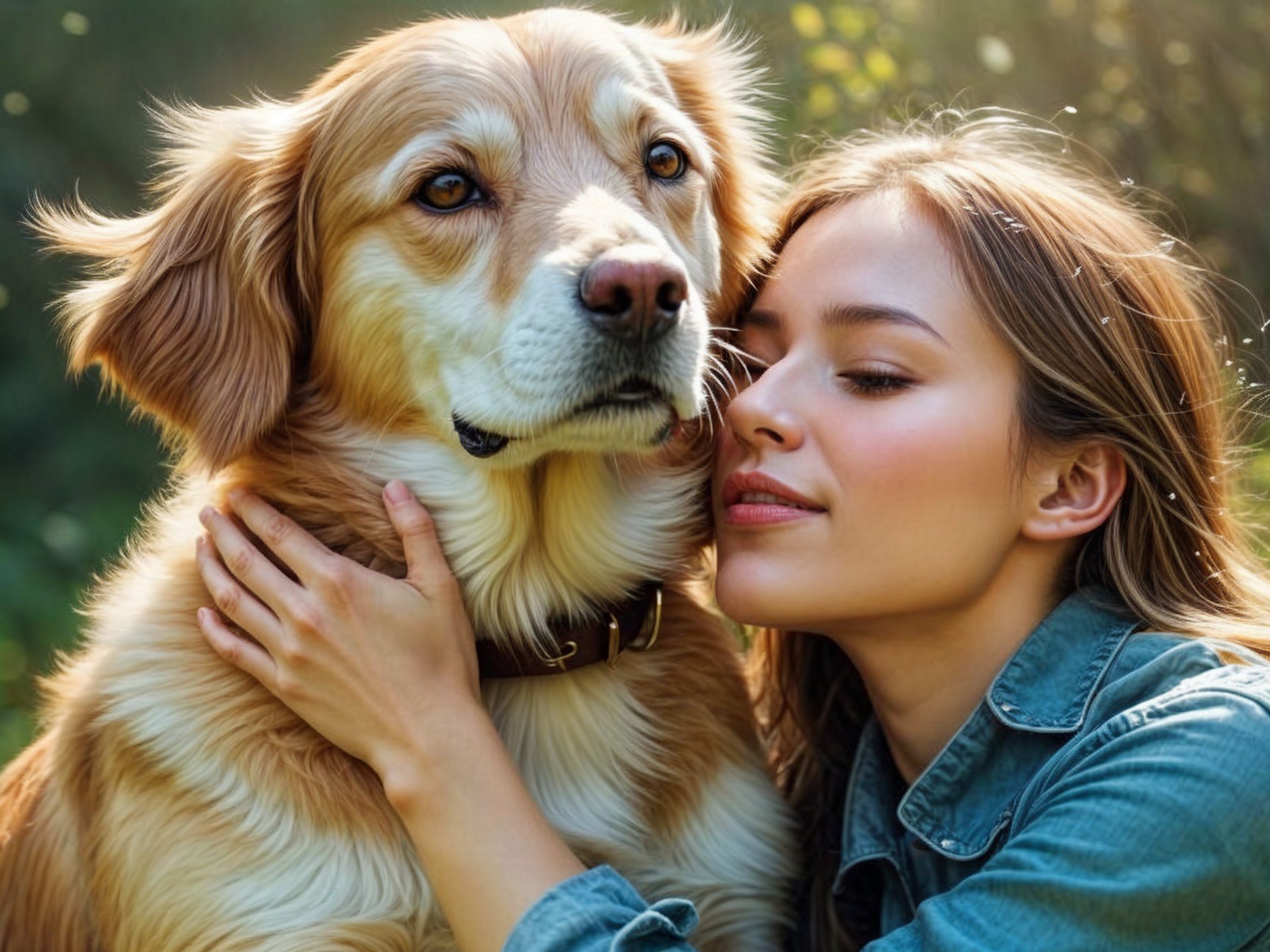 Young Woman Hugs Golden Retriever in Sunlit Nature