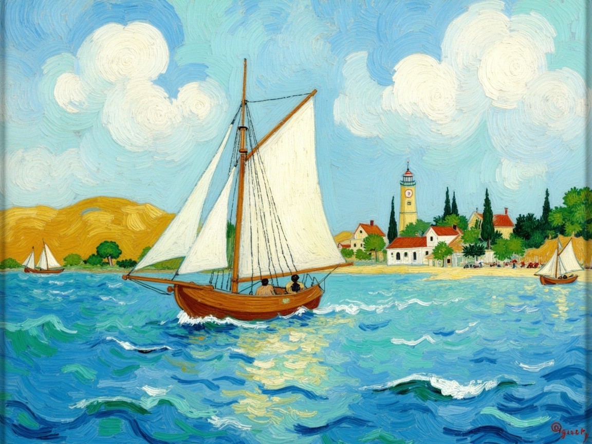 Vibrant Seascape with Wooden Sailboat and Coastal Village