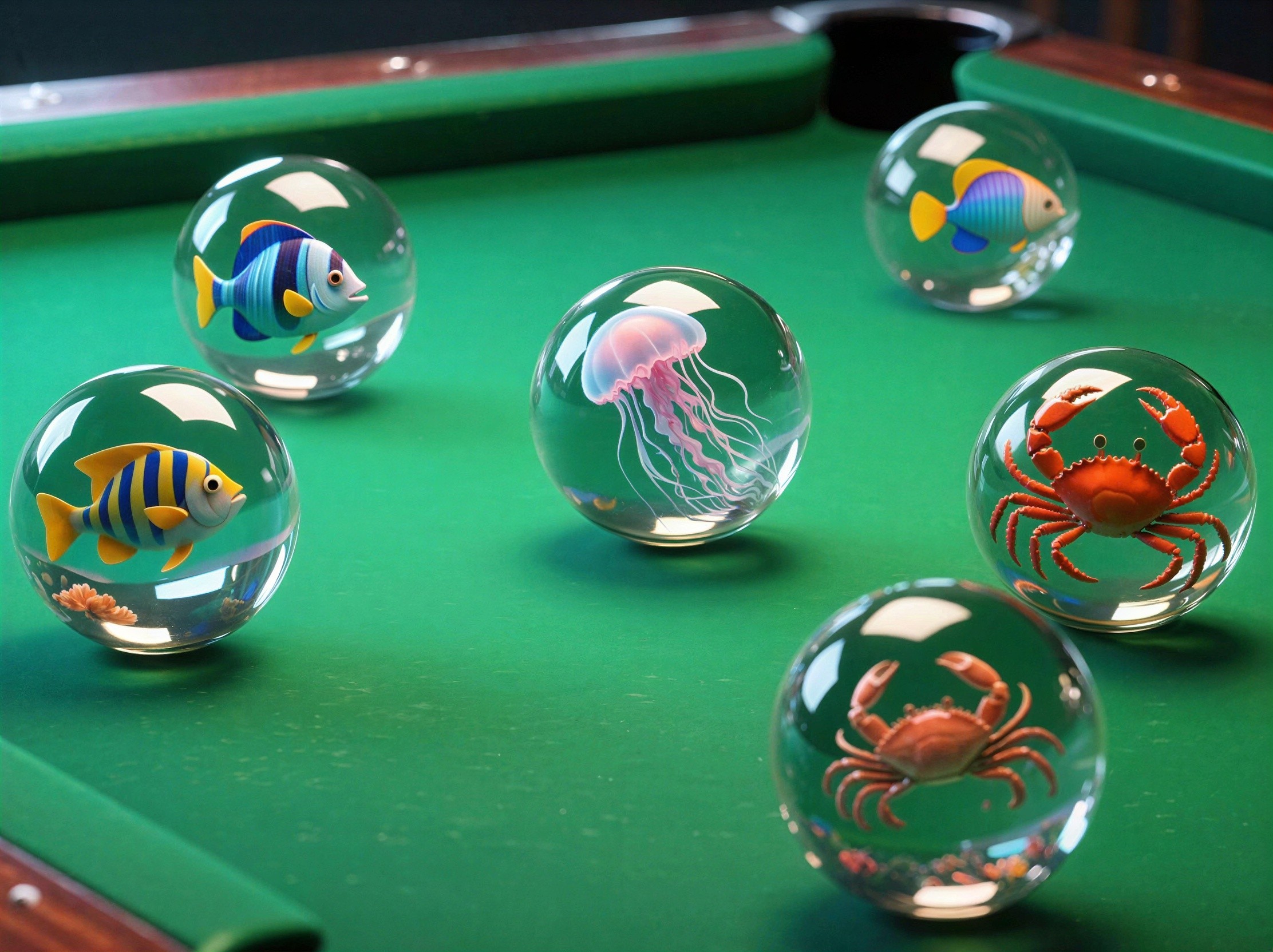 Glass Orbs with Sea Creatures on Green Pool Table