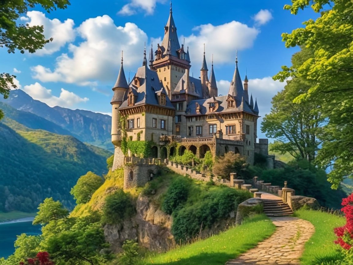 Majestic castle on cliff with lush greenery and lake