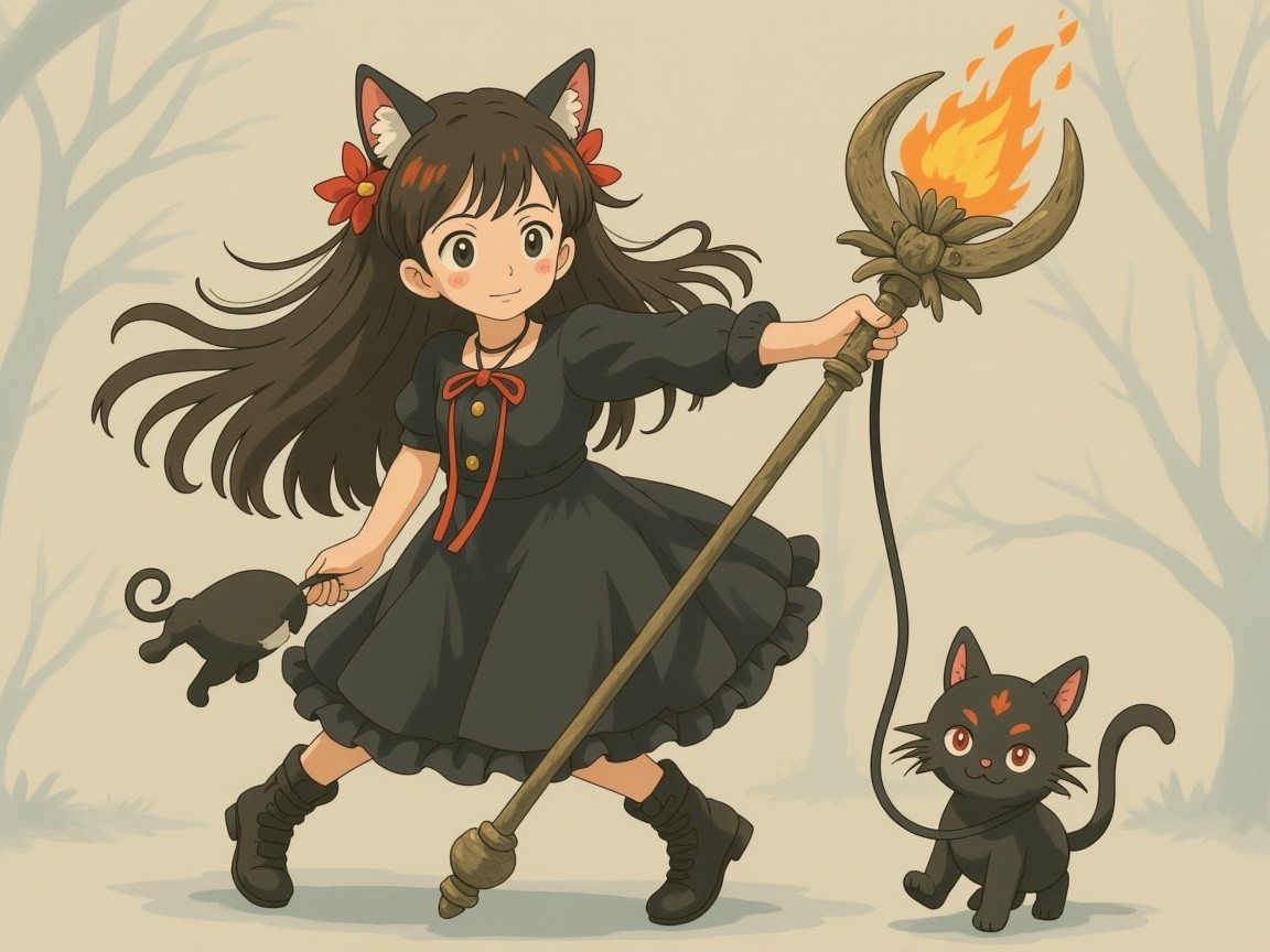 Young girl with cat ears and playful black cats