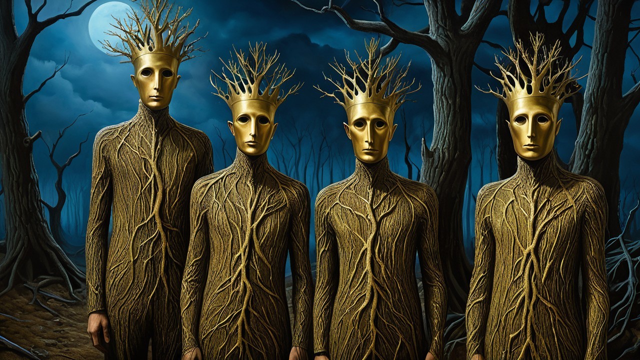 Figures in a Dark Forest with Golden Crowns and Roots