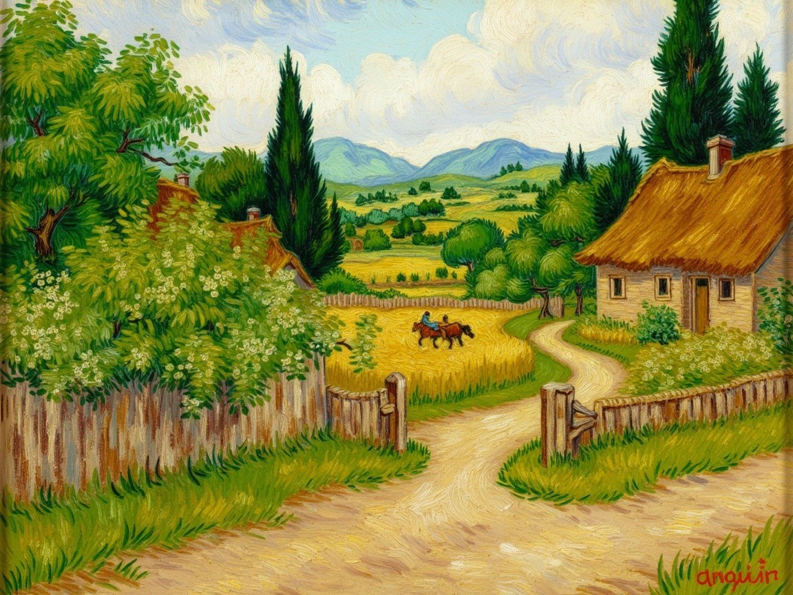 Charming Rural Scene with Cottages and Horse Riders