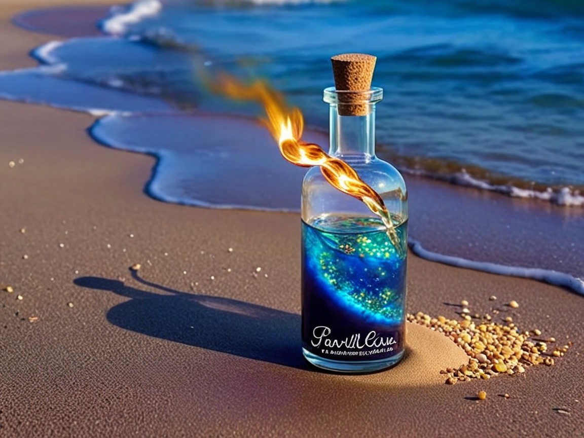 Glass Bottle with Blue Liquid on Sandy Beach