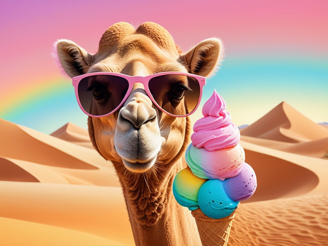 Whimsical Camel in Vibrant Desert with Ice Cream Cone