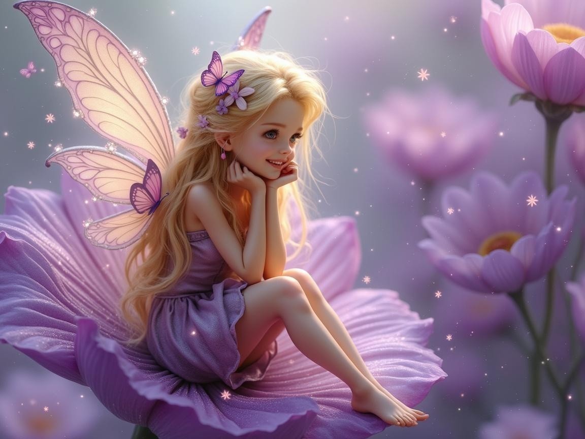 Whimsical fairy on lavender flower with sparkles