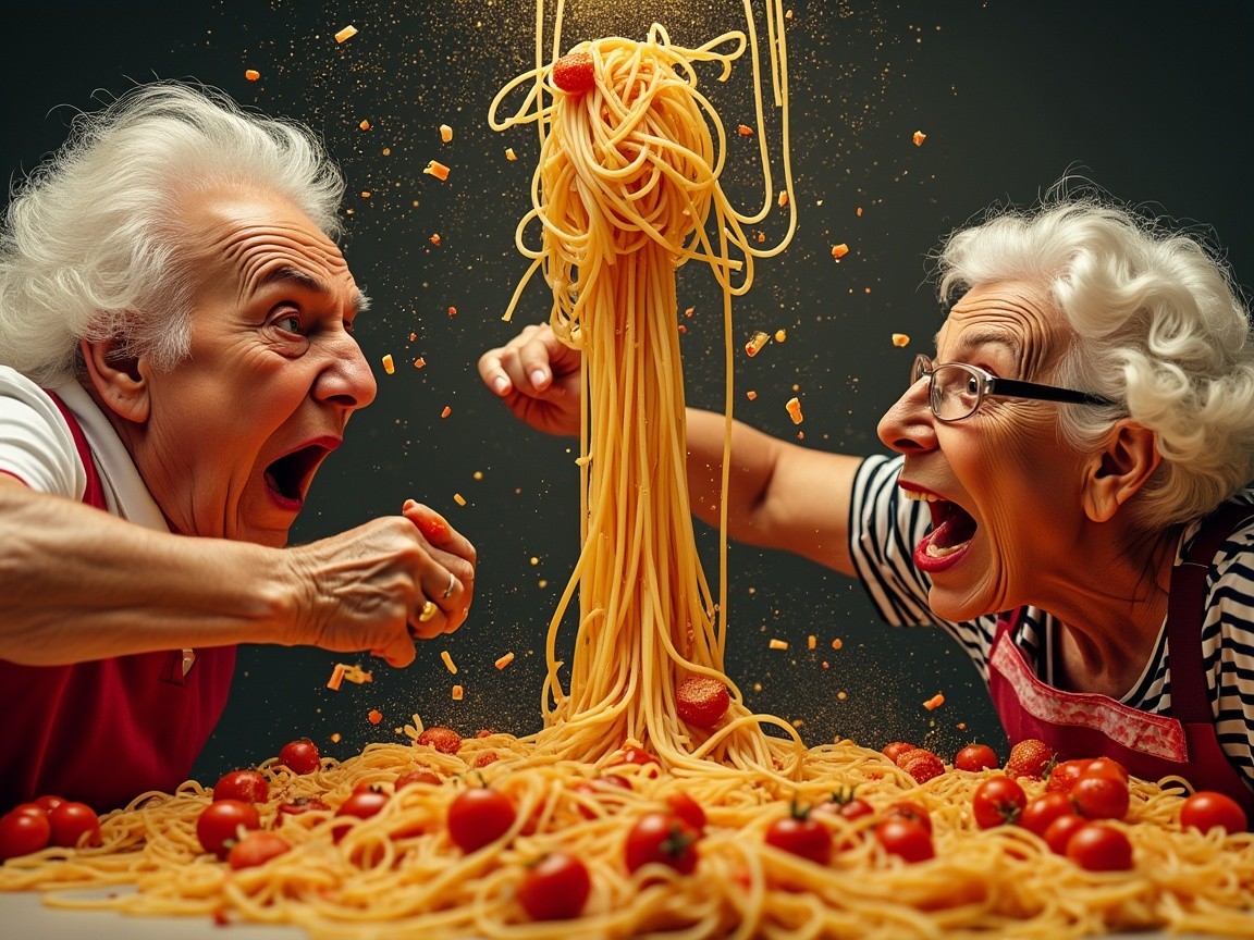 Elderly Individuals in Playful Food Fight Scene