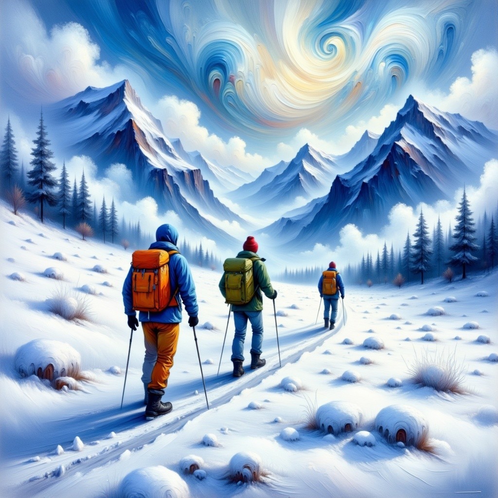 Winter Hikers on Snowy Trail in Mountain Landscape
