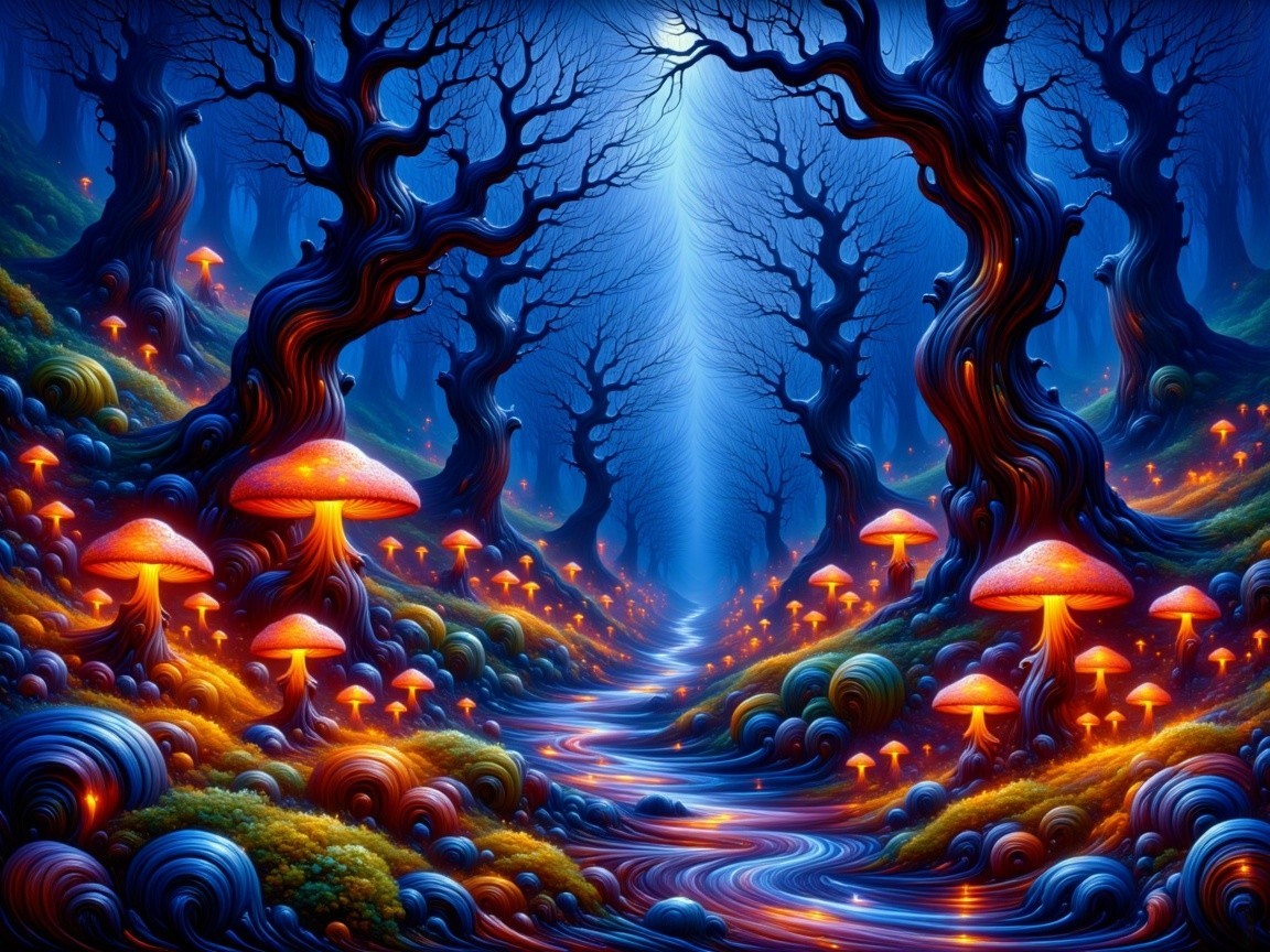 Fantastical forest scene with blue light and glowing flora