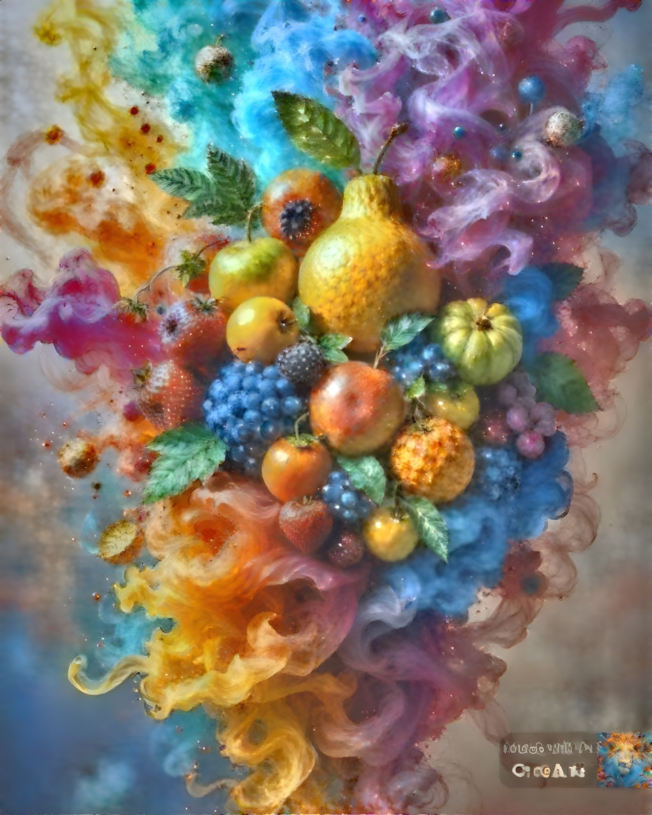 Colorful Fruits Surrounded by Swirling Smoke Effects