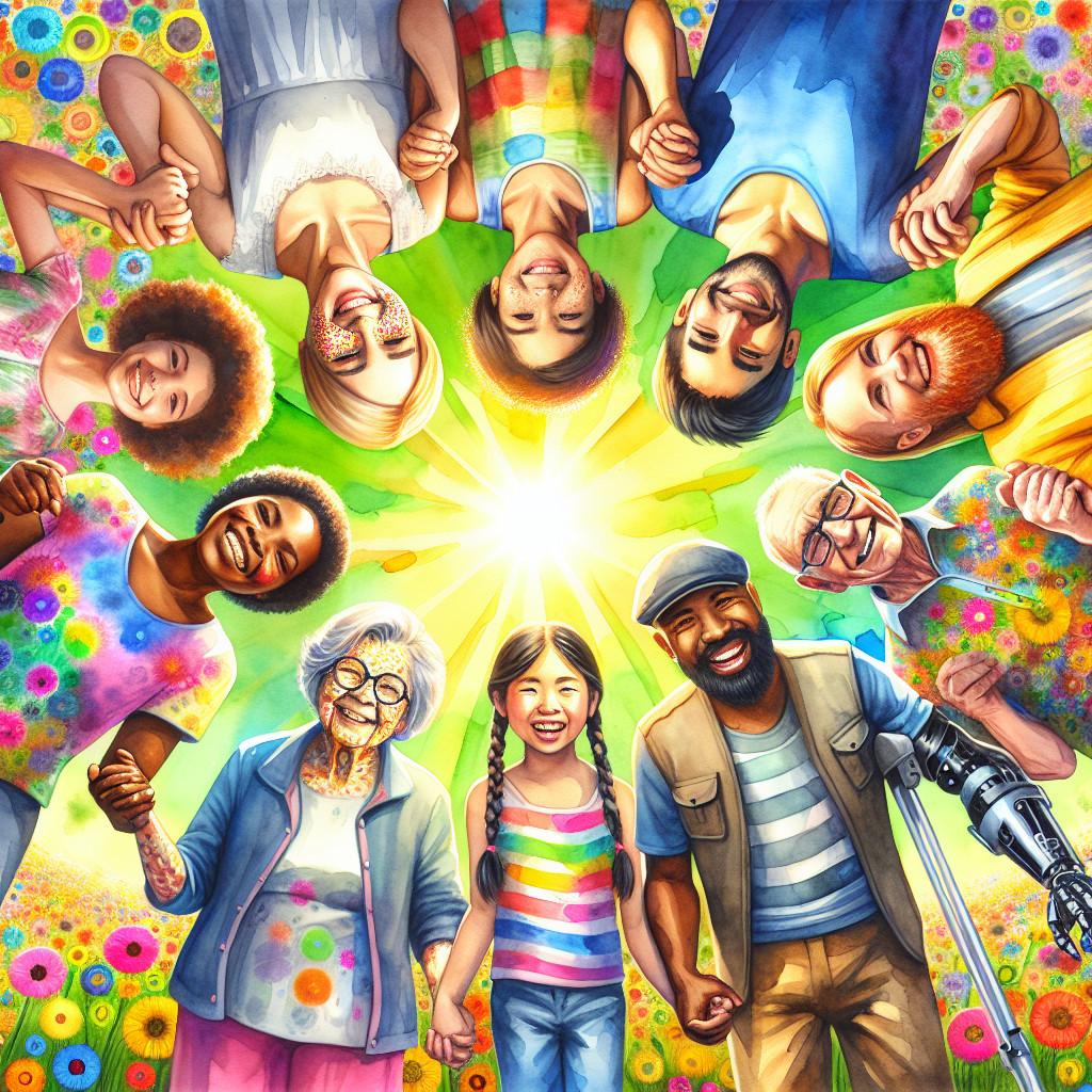 Diverse Group Holding Hands in Joyful Unity Circle