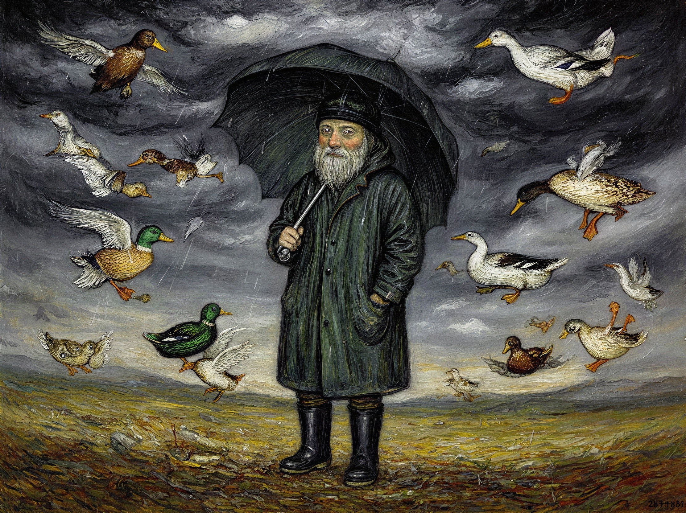 Oil Painting of an Elderly Man with Ducks in Flight