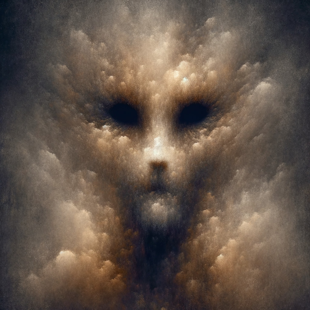 Abstract Face in Swirling Dark and Light Clouds