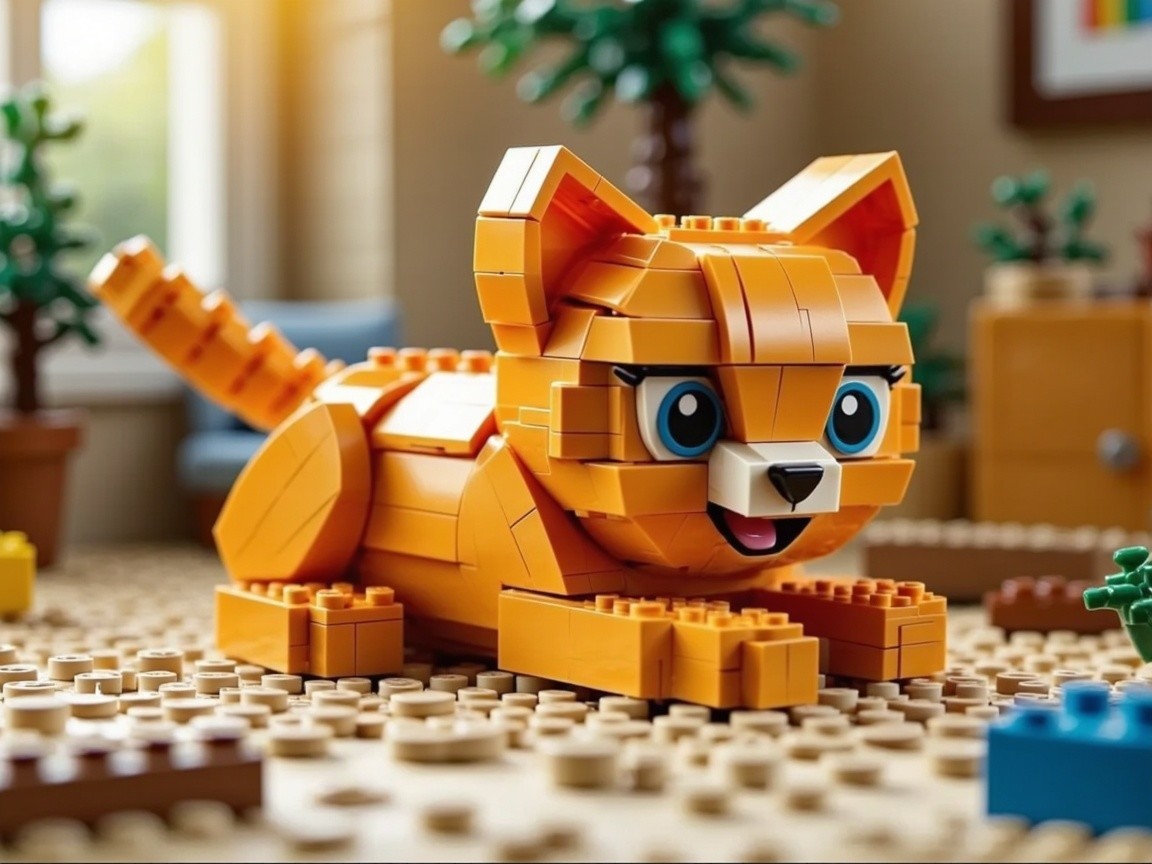 Cheerful Orange LEGO Cat on Sandy Base with Colorful Elements
