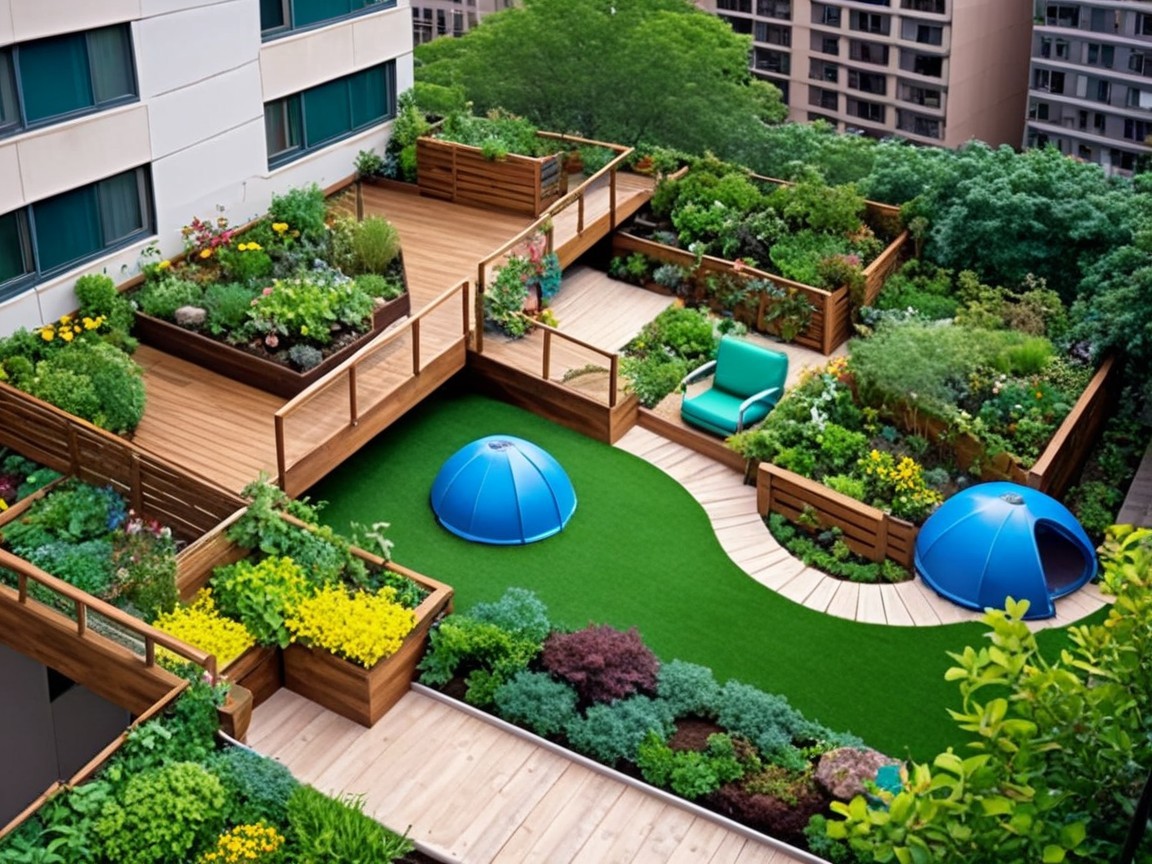 Lush Rooftop Garden with Tiers and Vibrant Plants