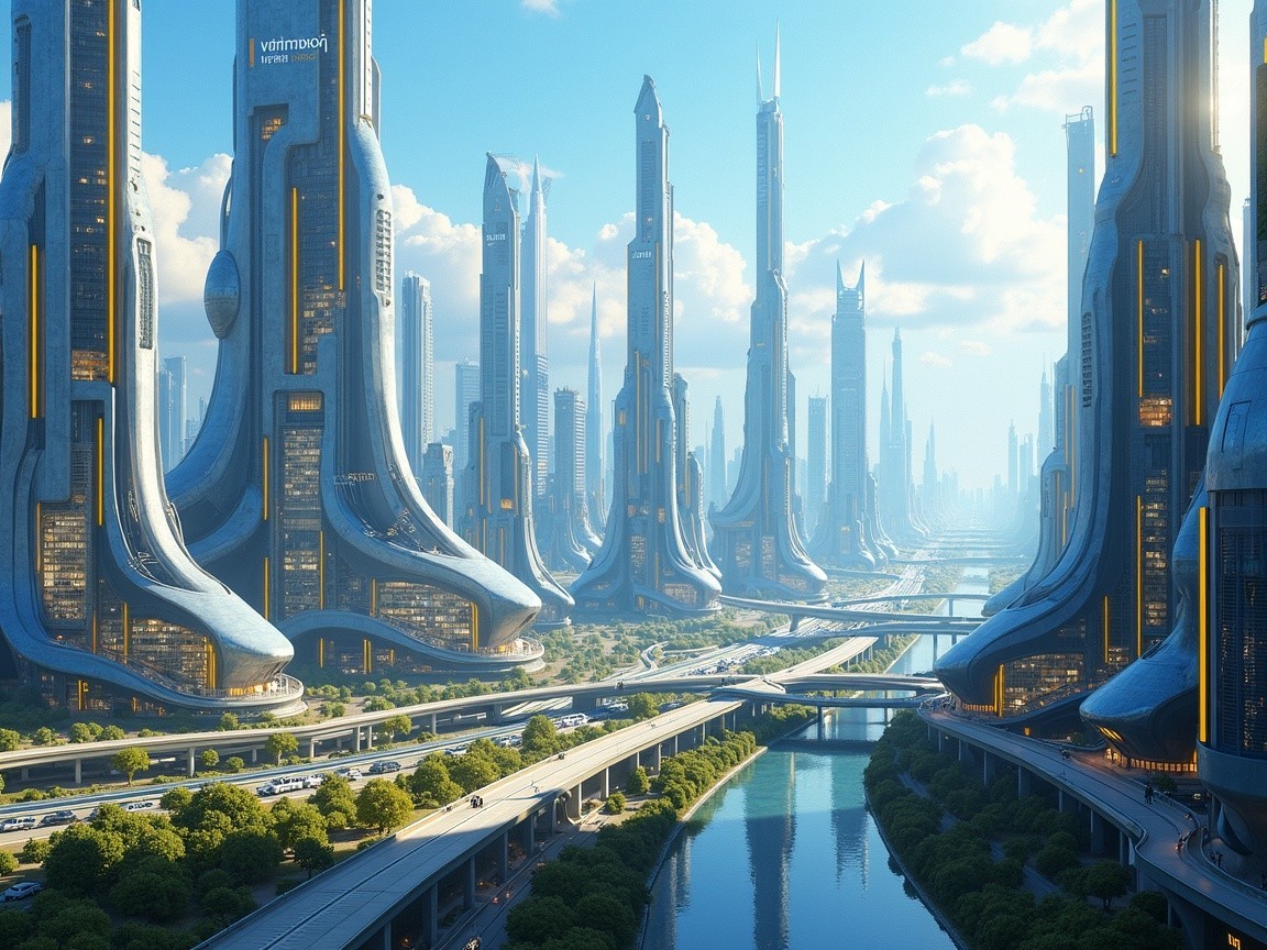 Futuristic Cityscape with Skyscrapers and Greenery