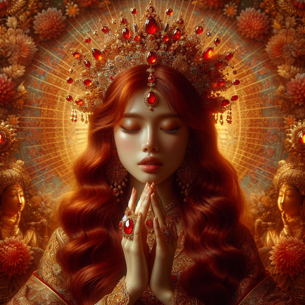 Majestic Woman with Red Hair and Crown in Vibrant Scene