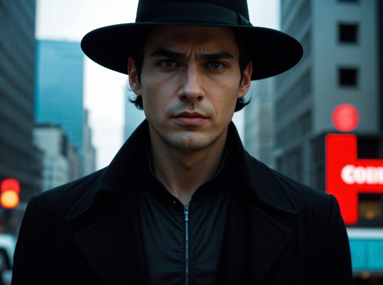 Man in Black Hat and Coat in Urban Setting