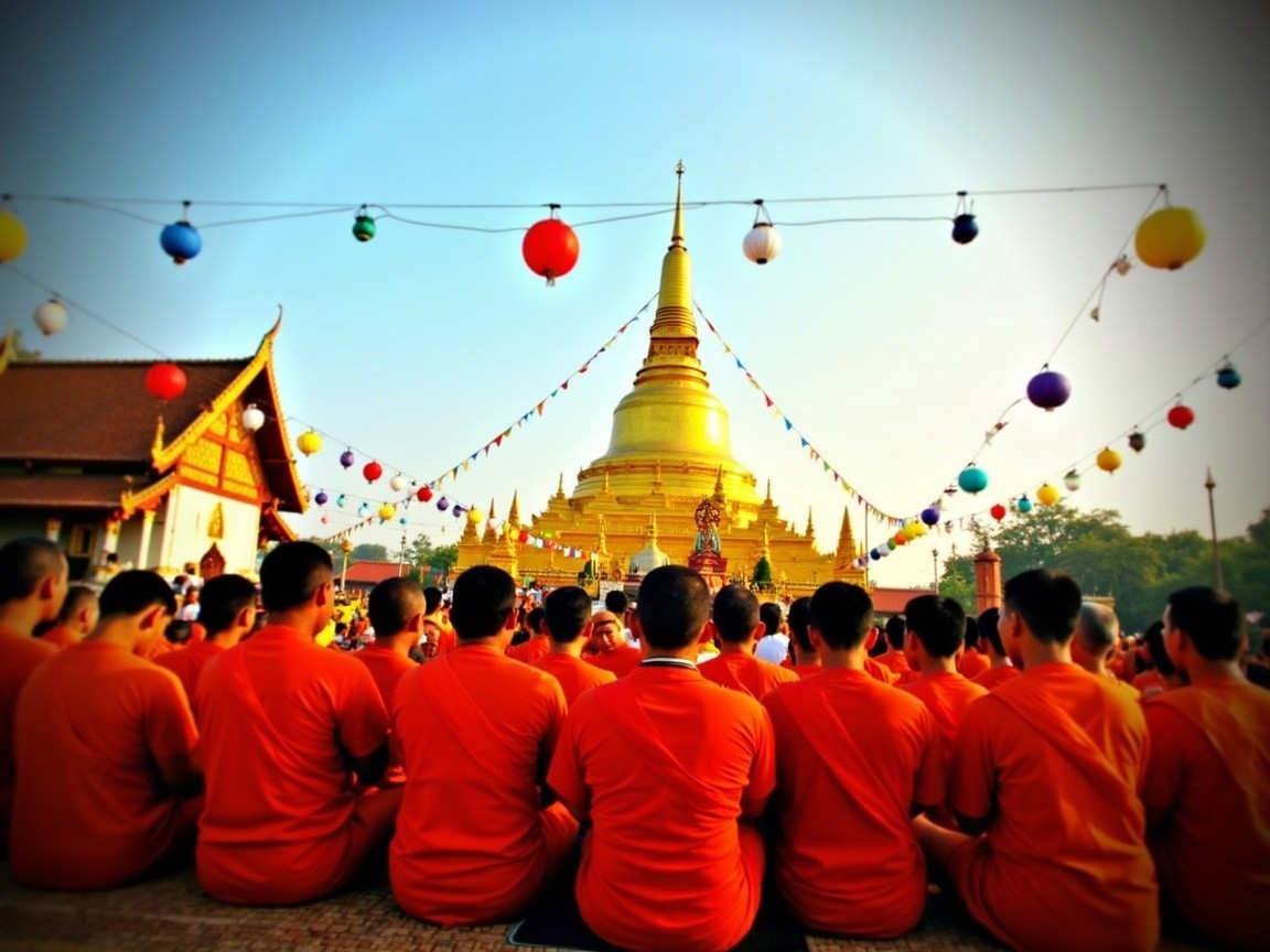 Monks in Orange Robes Gather Near Golden Stupa
