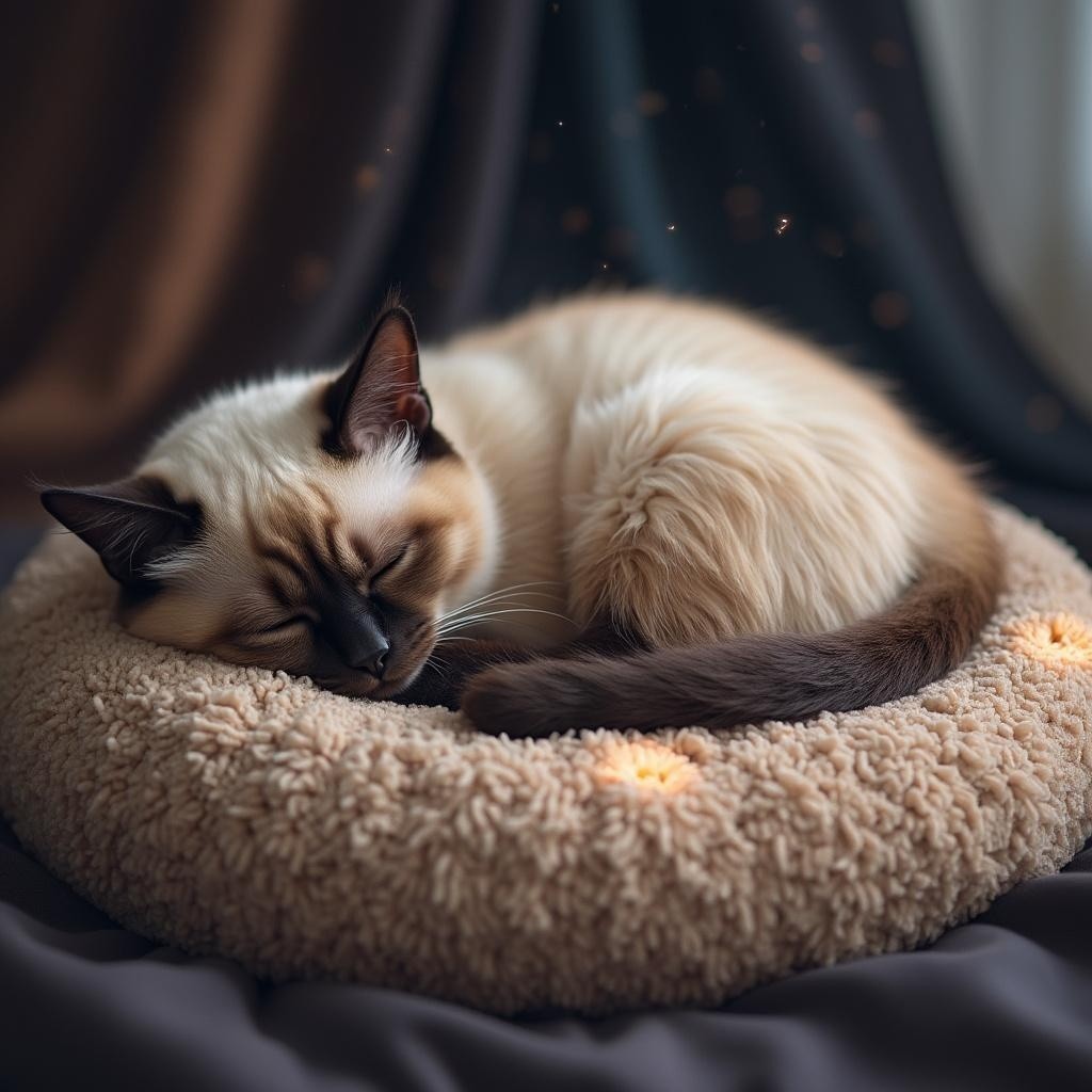 Cream Cat Sleeping on Cozy Round Pet Bed with Lights