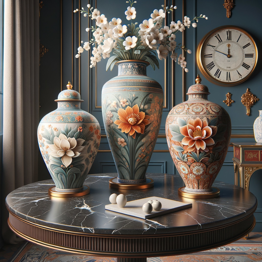 Intricately Designed Vases on a Marble Table