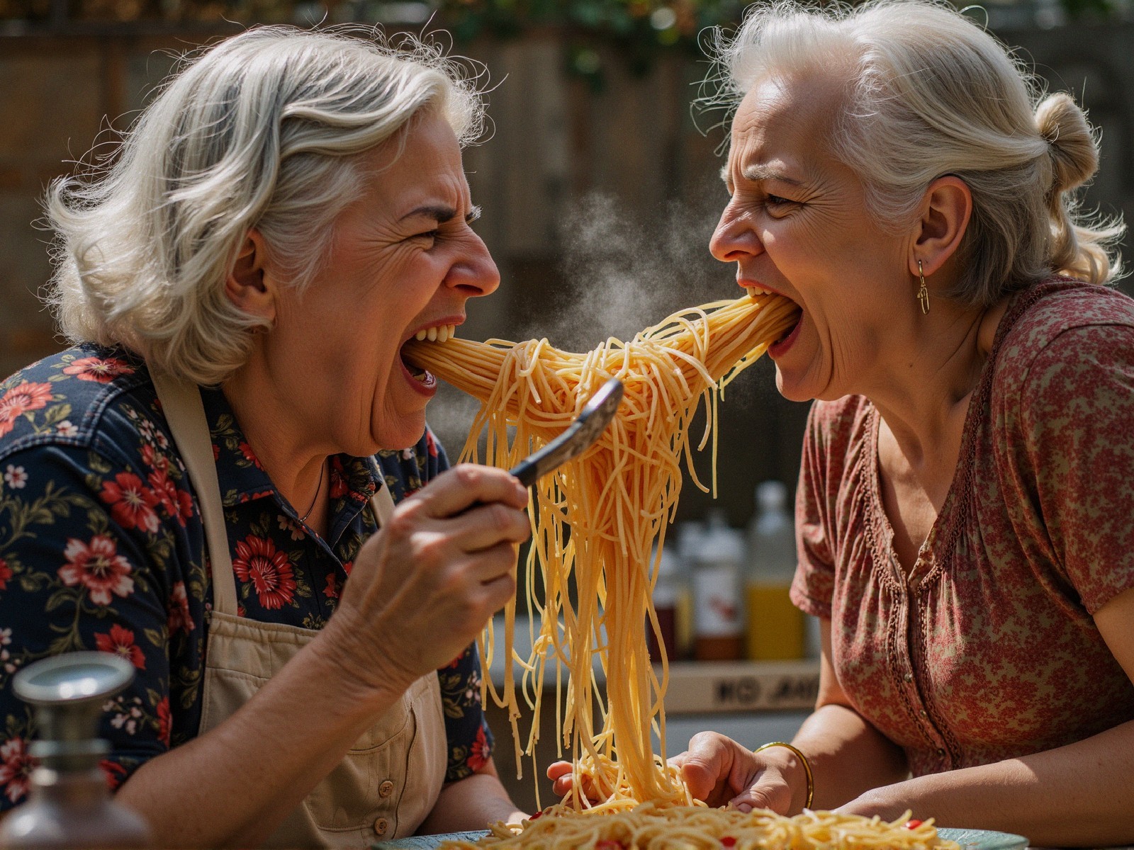 Playful Scene of Two Women Sharing Spaghetti Together