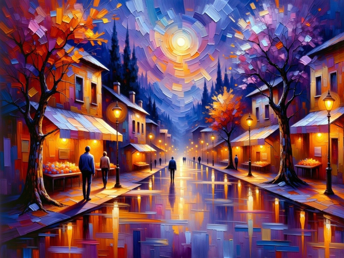 Vibrant Dusk Street Scene with Colorful Autumn Trees