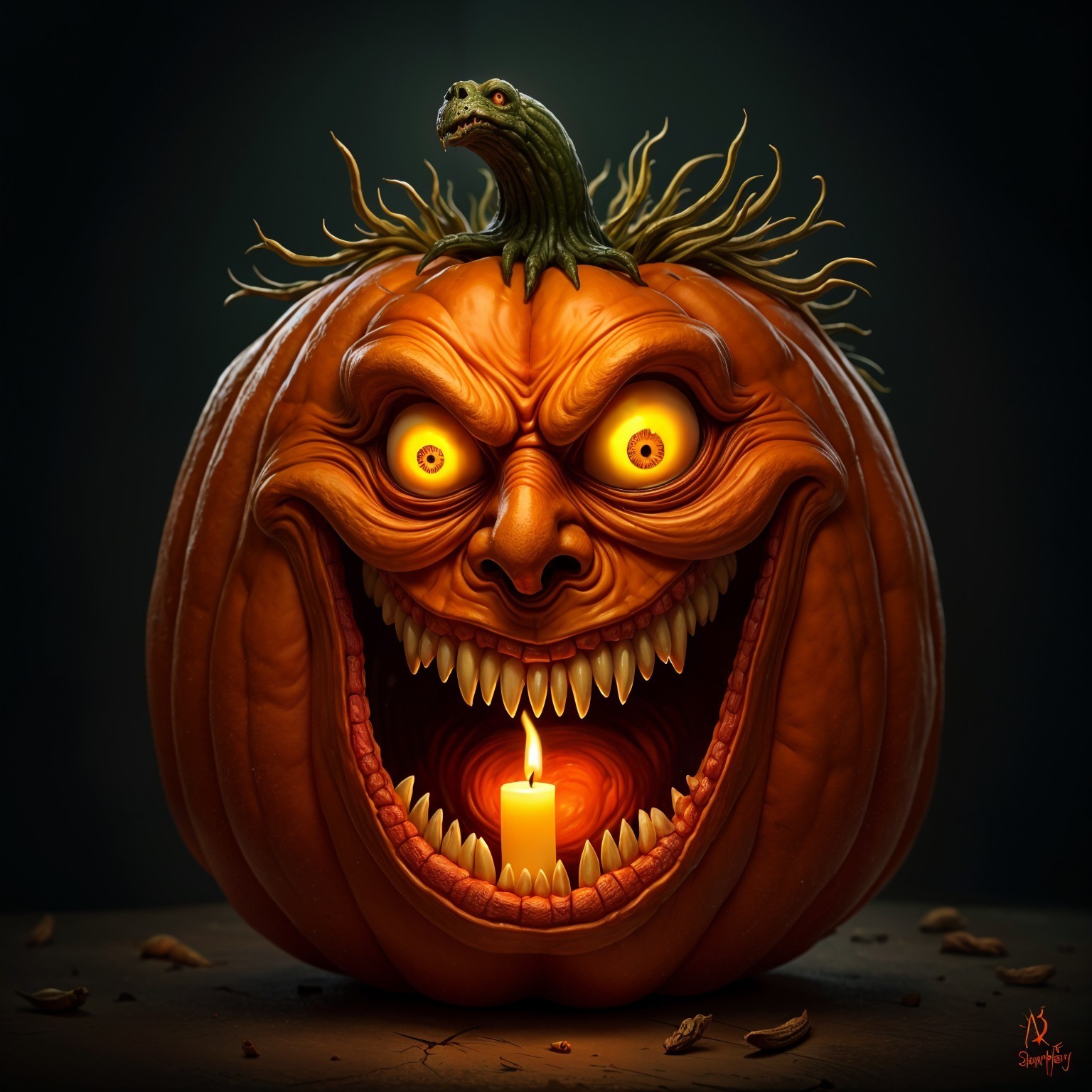 Carved Pumpkin with Glowing Eyes and Lizard Creature
