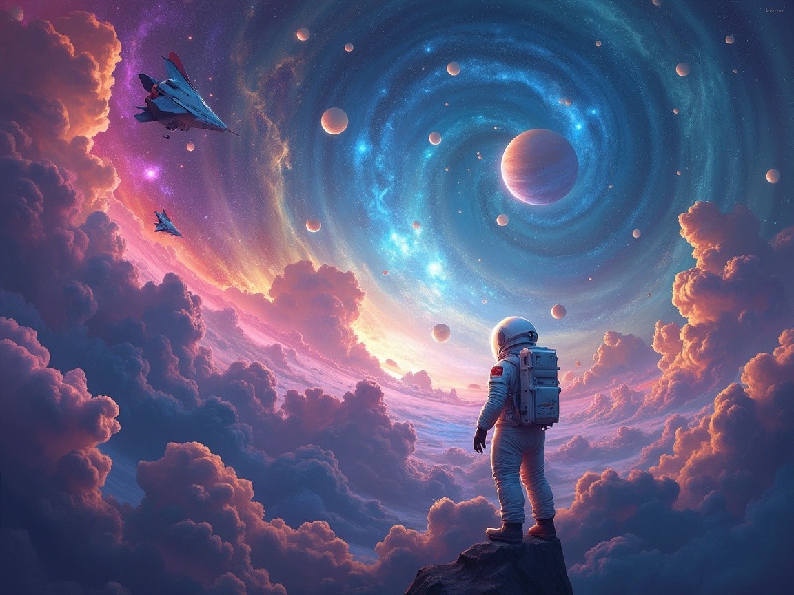 Astronaut Observing Cosmic Scene with Planets and Spacecraft
