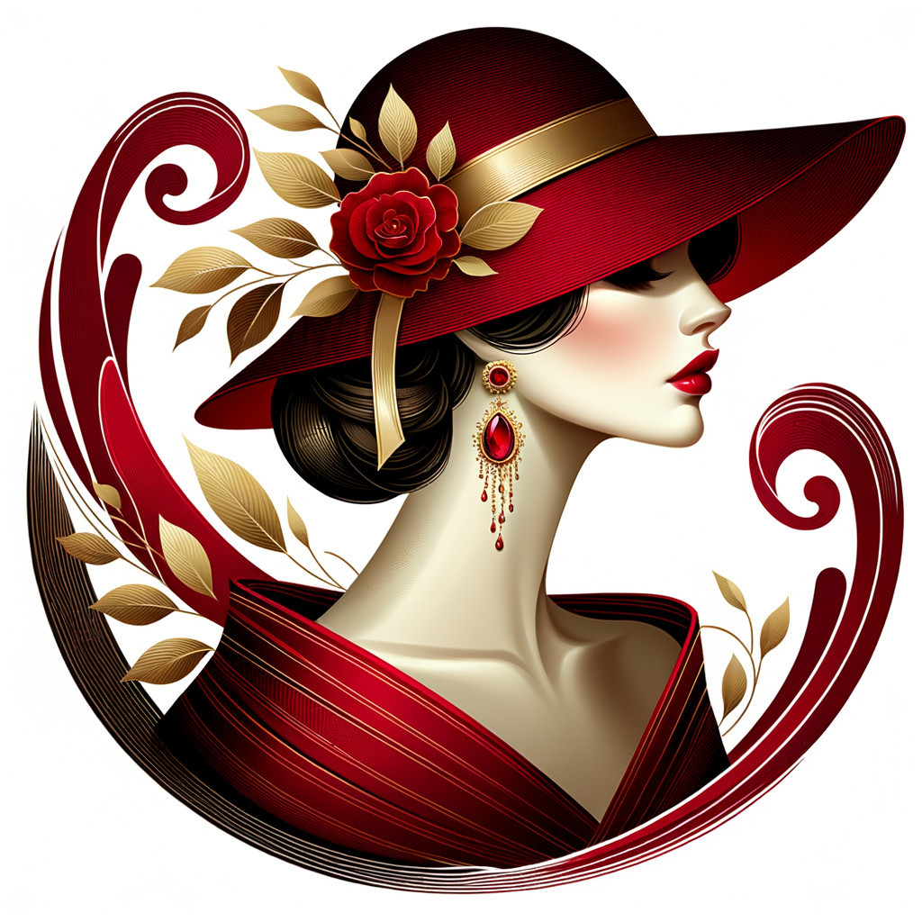 Elegant Woman in Red Hat with Decorative Backdrop