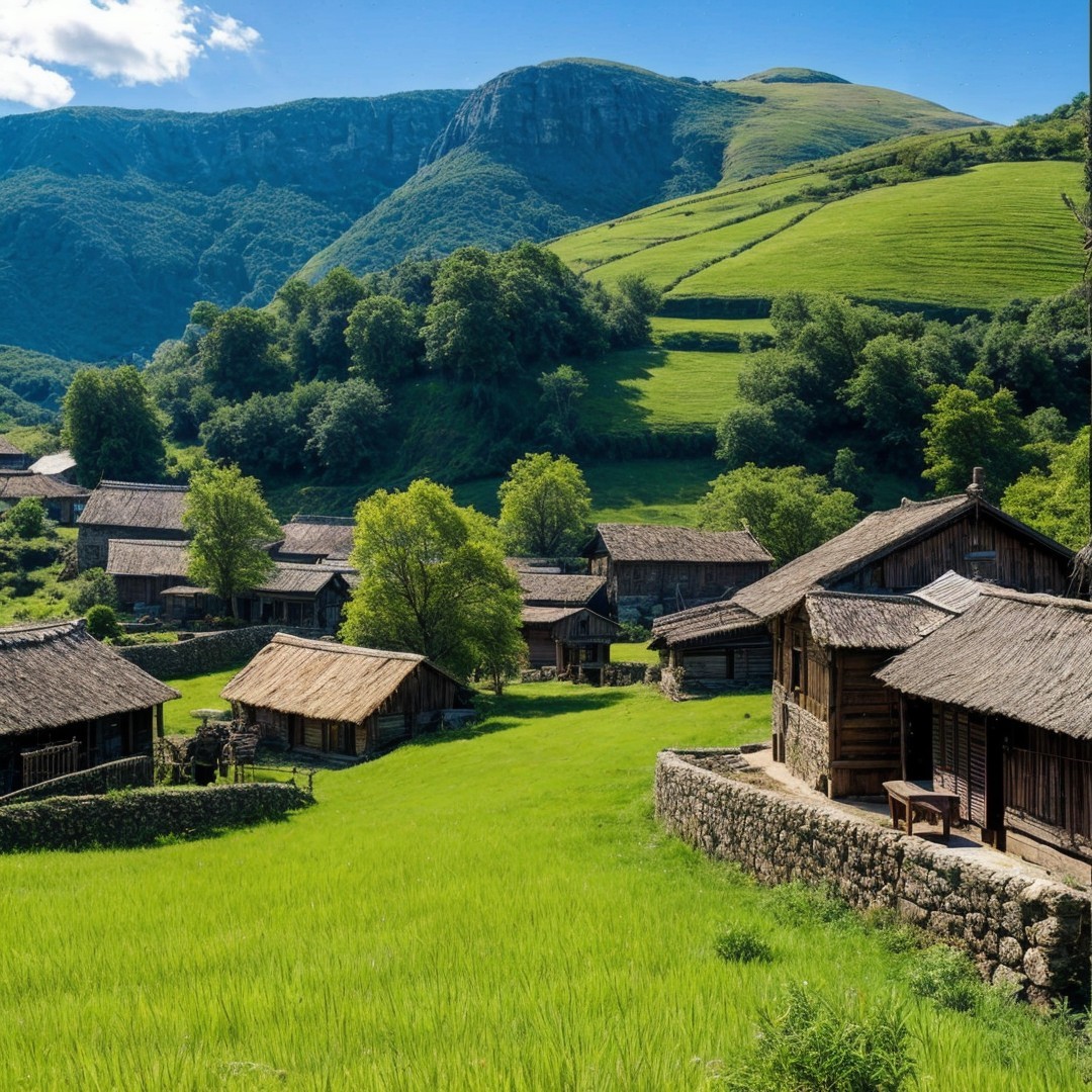 Quaint Village in a Lush Green Valley Landscape