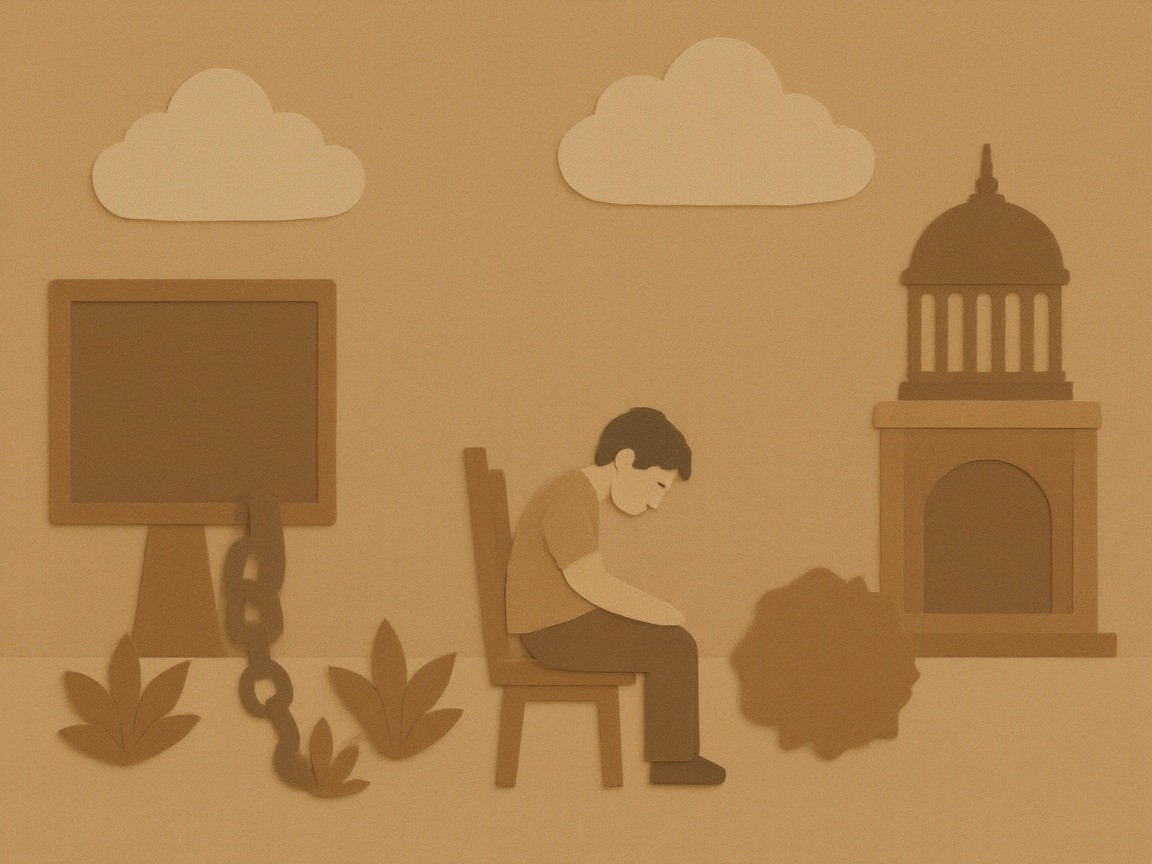 Solitary Figure in Contemplation Amidst Symbolic Elements