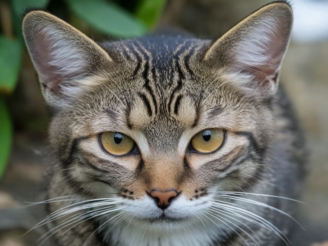 Close-up of a cat with striking features and foliage