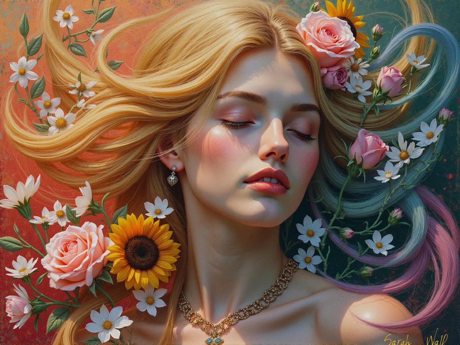 Serene portrait of a young woman with flowers and jewelry