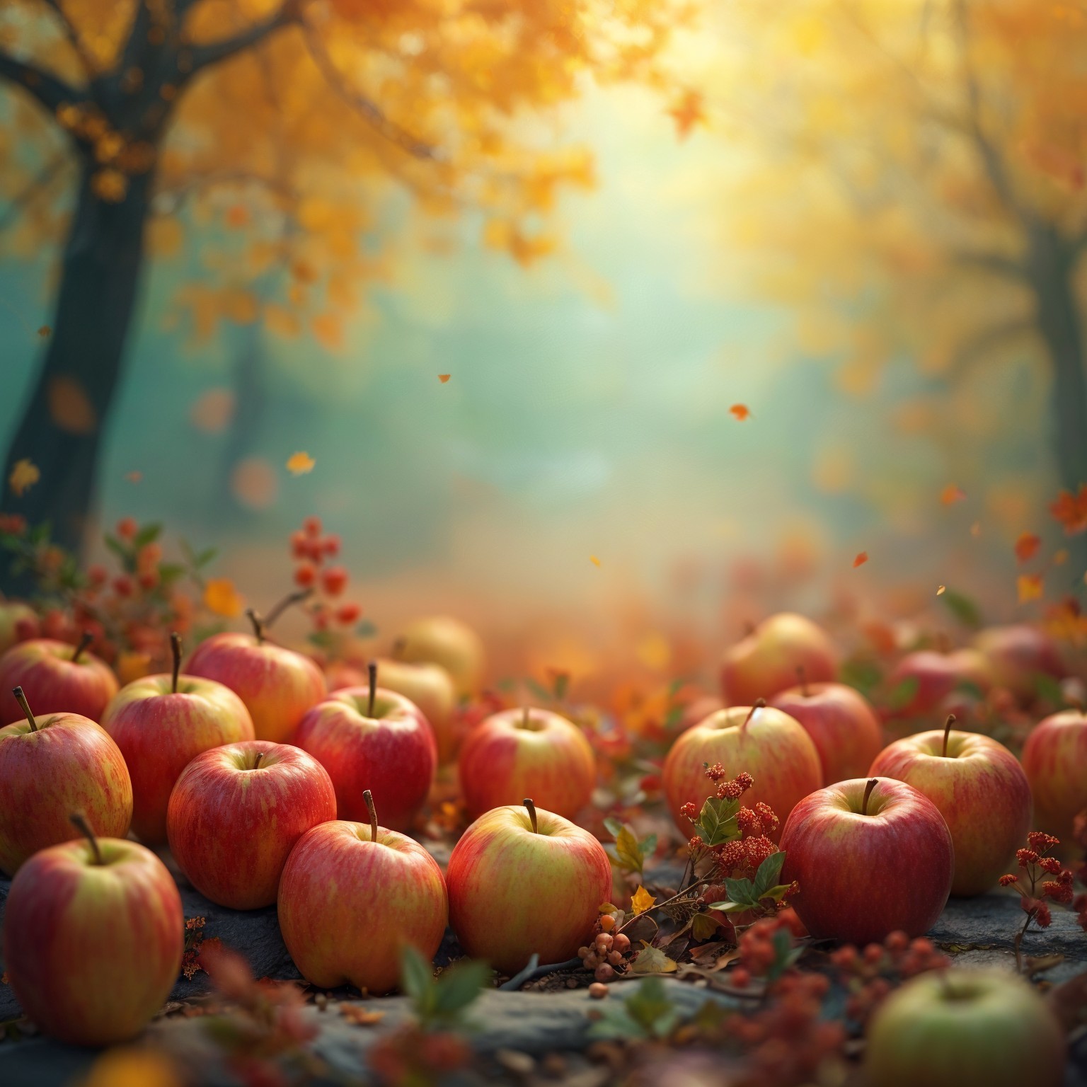Autumn Landscape with Red Apples and Colorful Foliage