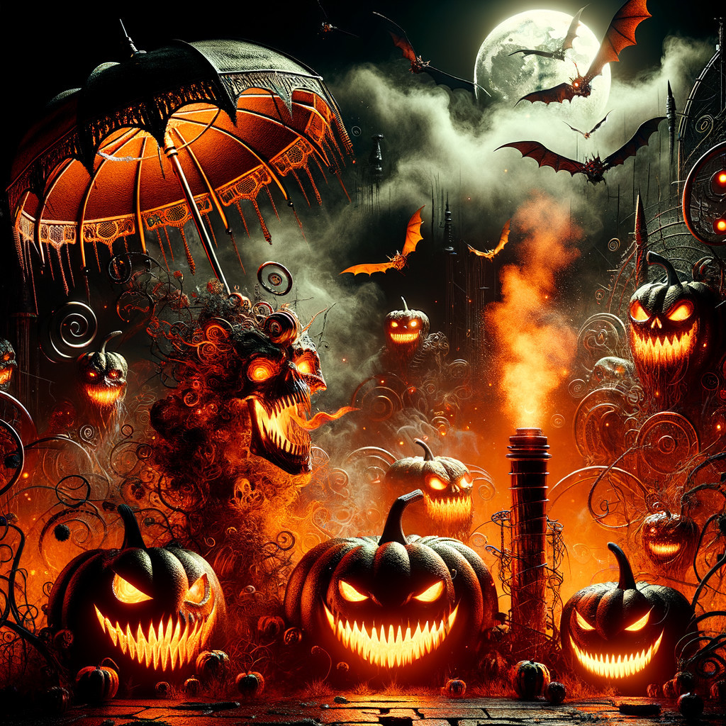 Haunting Halloween Landscape with Pumpkins and Bats