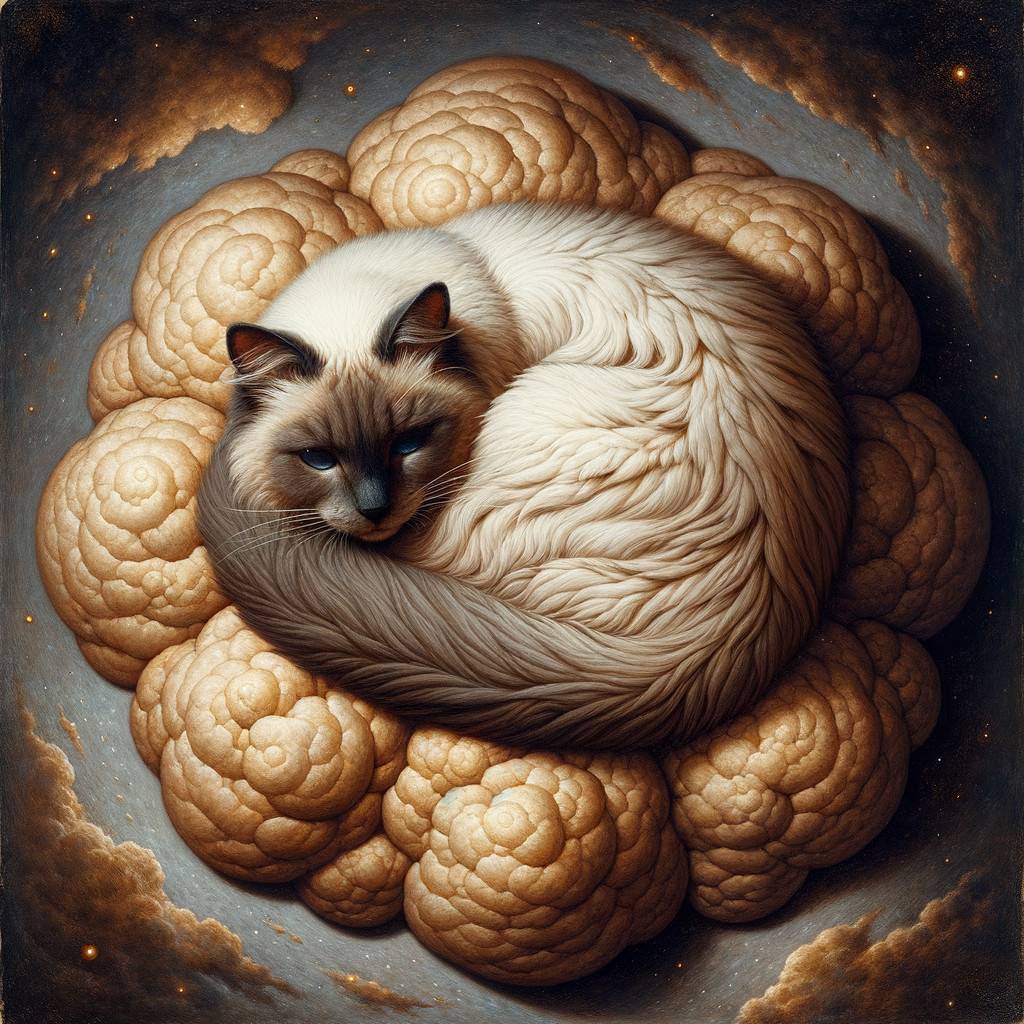 Fluffy Cat Resting on Dreamlike Cloud Structures