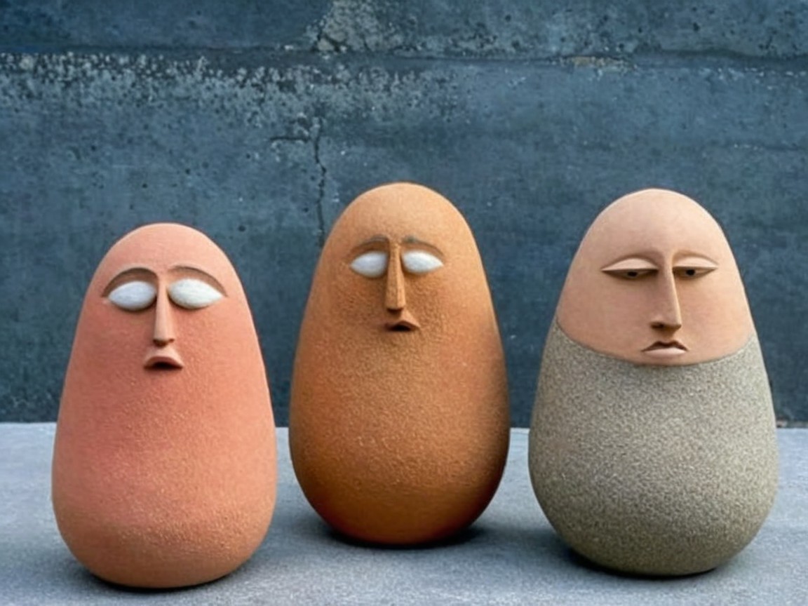 Terracotta Egg-Shaped Sculptures with Abstract Faces