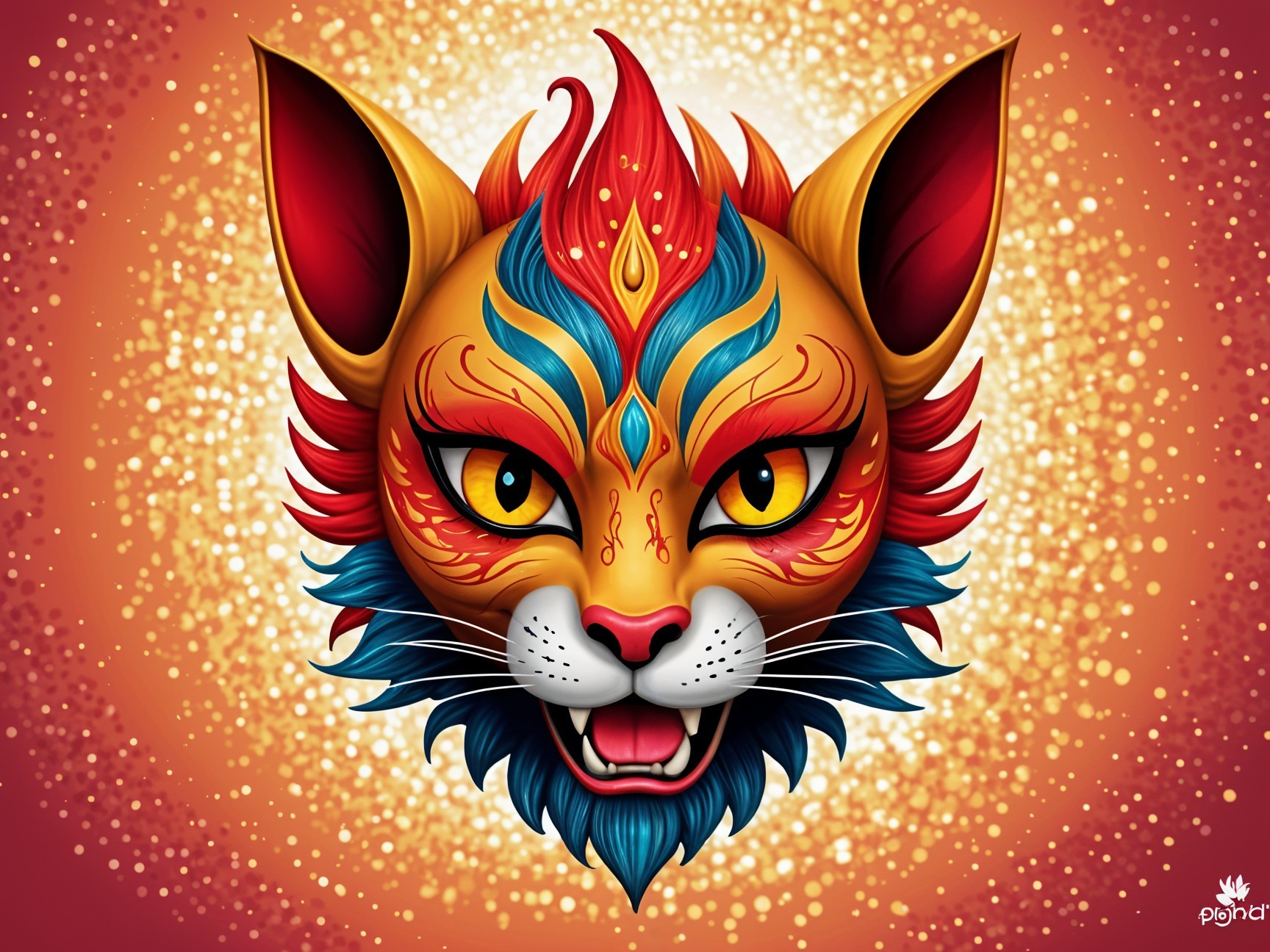 Vibrant Cat Face with Intricate Patterns and Bokeh Background