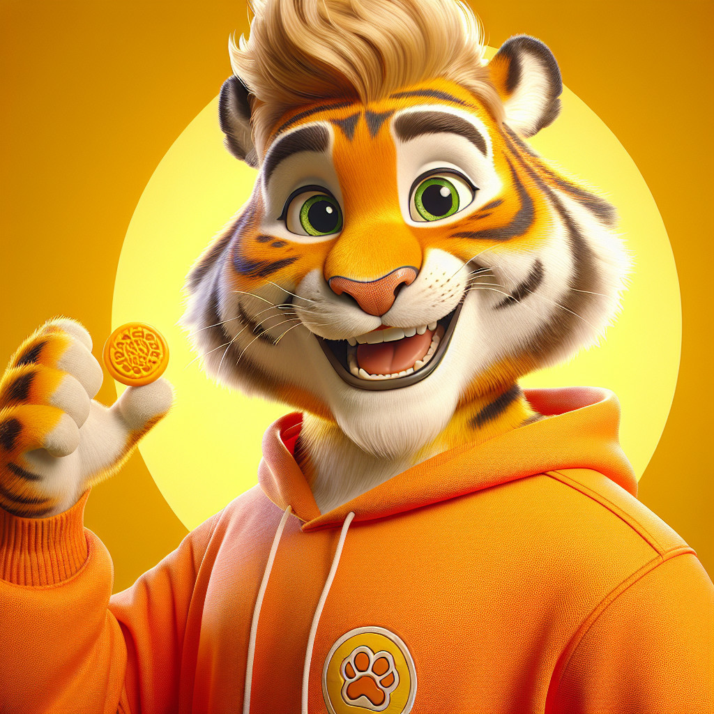 Animated tiger character with hoodie and coin