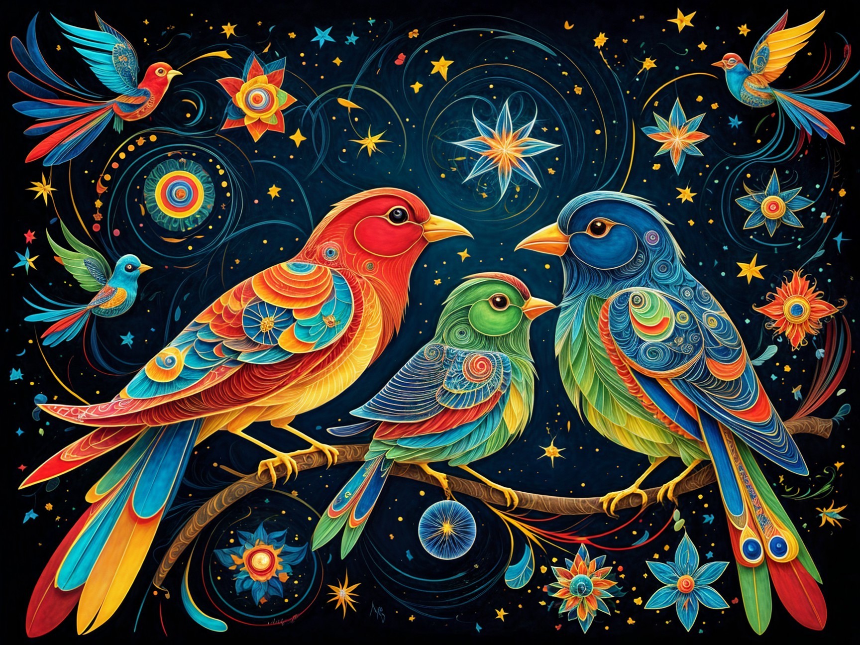 Colorful Illustration of Birds on a Cosmic Background