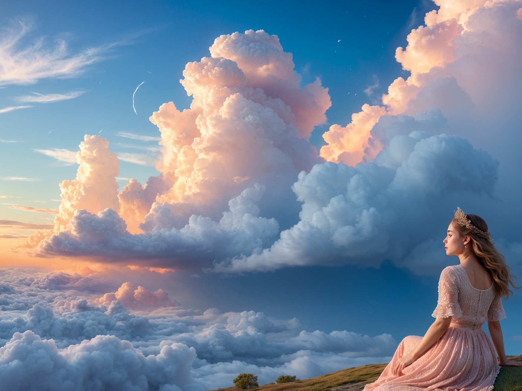 Young Woman in Pink Dress on Grassy Hill at Sunset