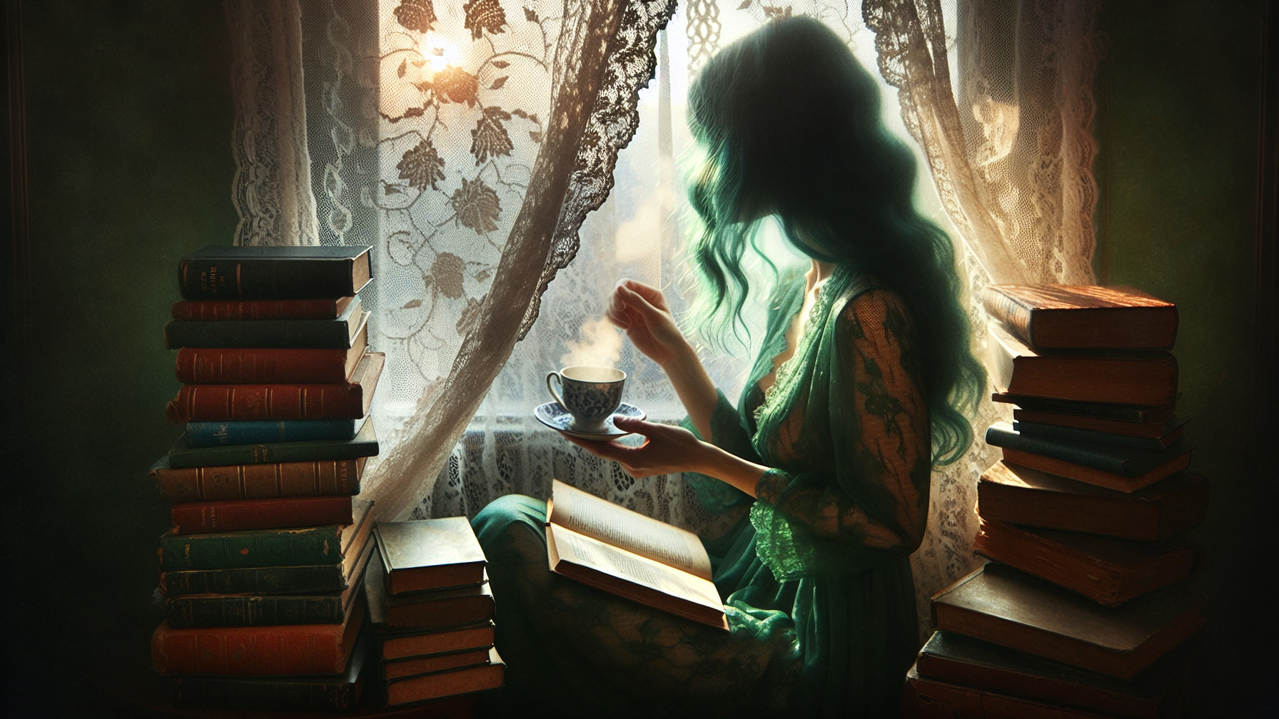 Woman with Green Hair by Sunlit Window and Books