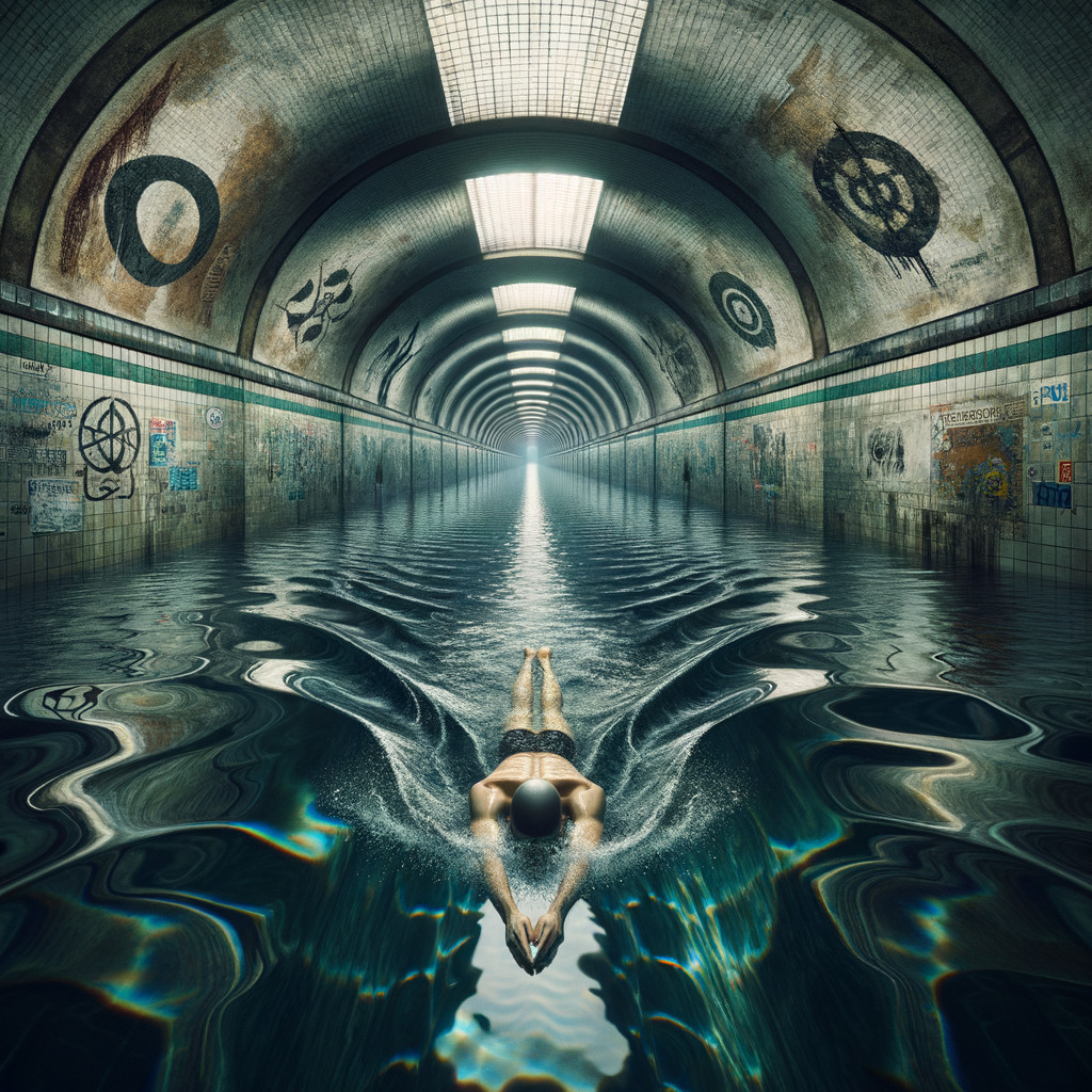 Swimmer in a deserted tunnel with reflective water